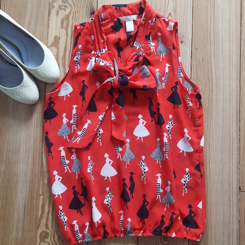 Banana republic red black and white sheer shirt